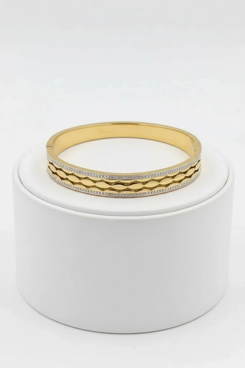 Oval Sıralı Taşlı Gold Altın Kaplama Çelik Bileklik