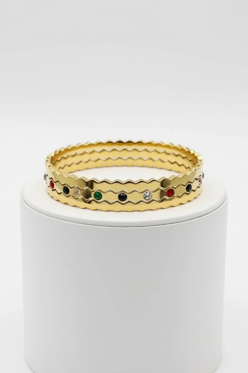 Renkli Tek Taş Detaylı Zikzak Model Gold Altın Kaplama Bileklik