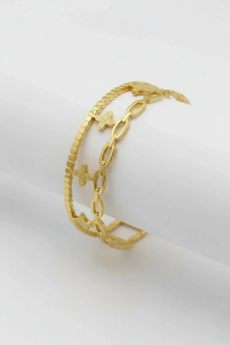 Açık Kordon Yonca Model Gold Altın Kaplama Bileklik