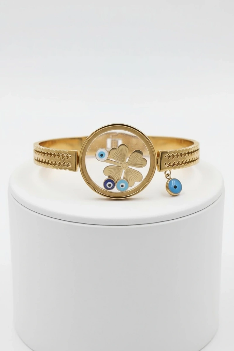 Top Zincir Cam Çerçeve Açılır Yonca Gold Altın Kaplama Çelik Bileklik