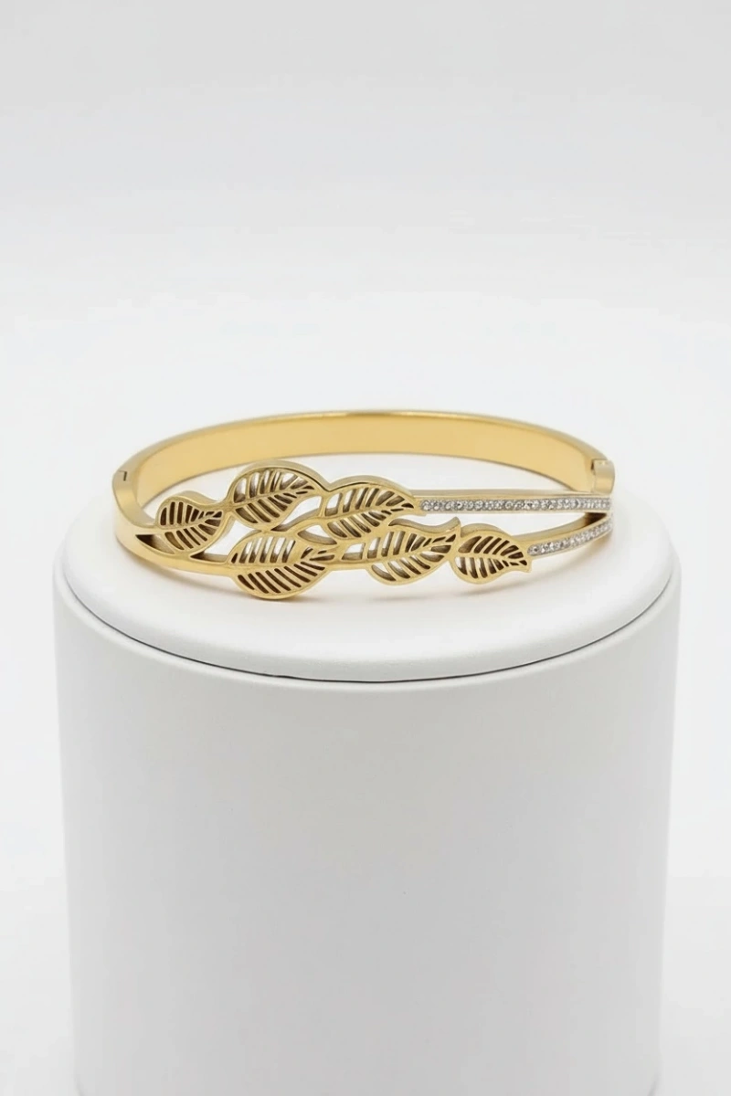 Çoklu Yaprak Model Tam Tur Taş Detay Gold Altın Kaplama Bileklik