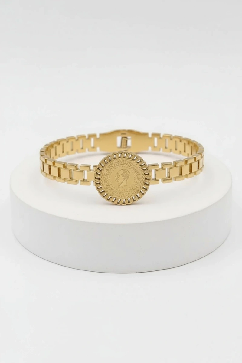 Çeyrek Model Kilit Detay Gold Altın Kaplama Bileklik