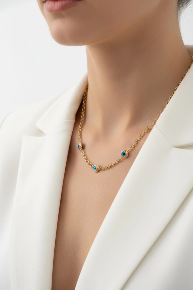 Üç Göz Geçme Halka Gol Altın Kaplama Çelik Kolye