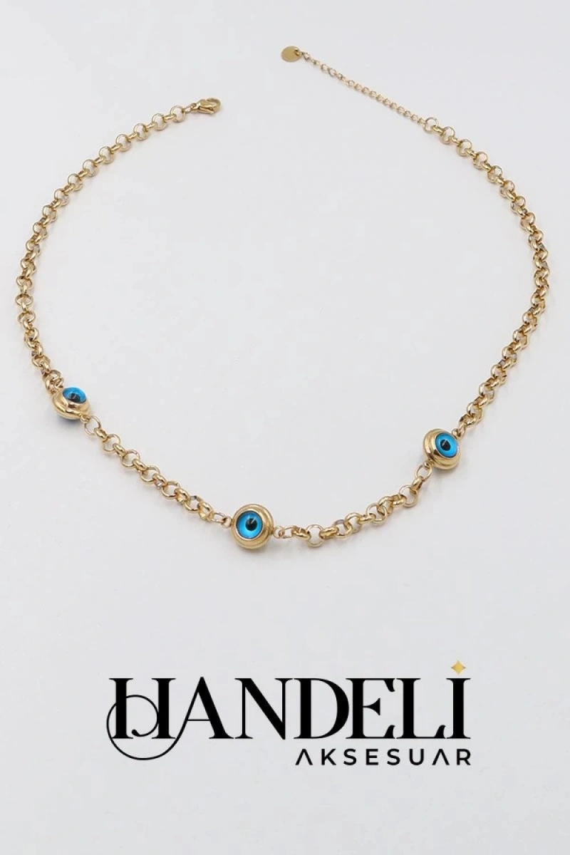 Üç Göz Geçme Halka Gol Altın Kaplama Çelik Kolye