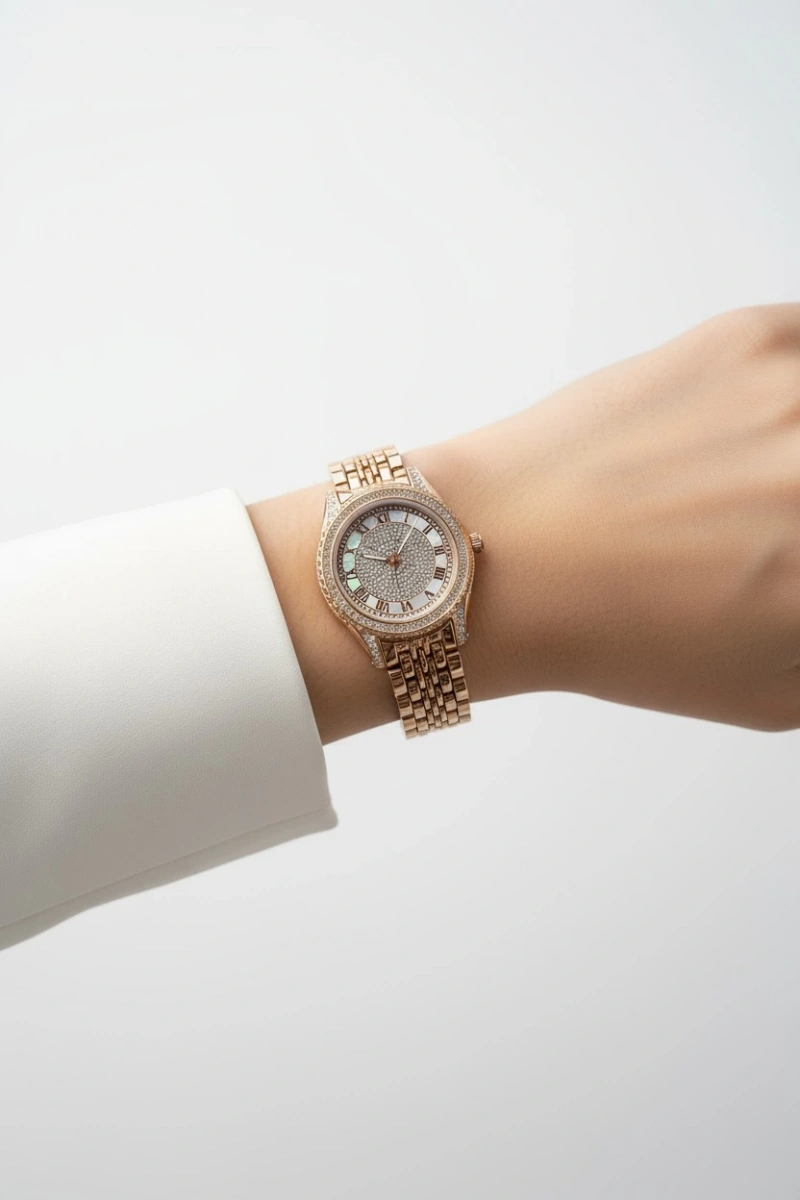 Kapalı Rose Kordon Taşlı Roma Rakam Kadran Detay Kadın Kol Saati