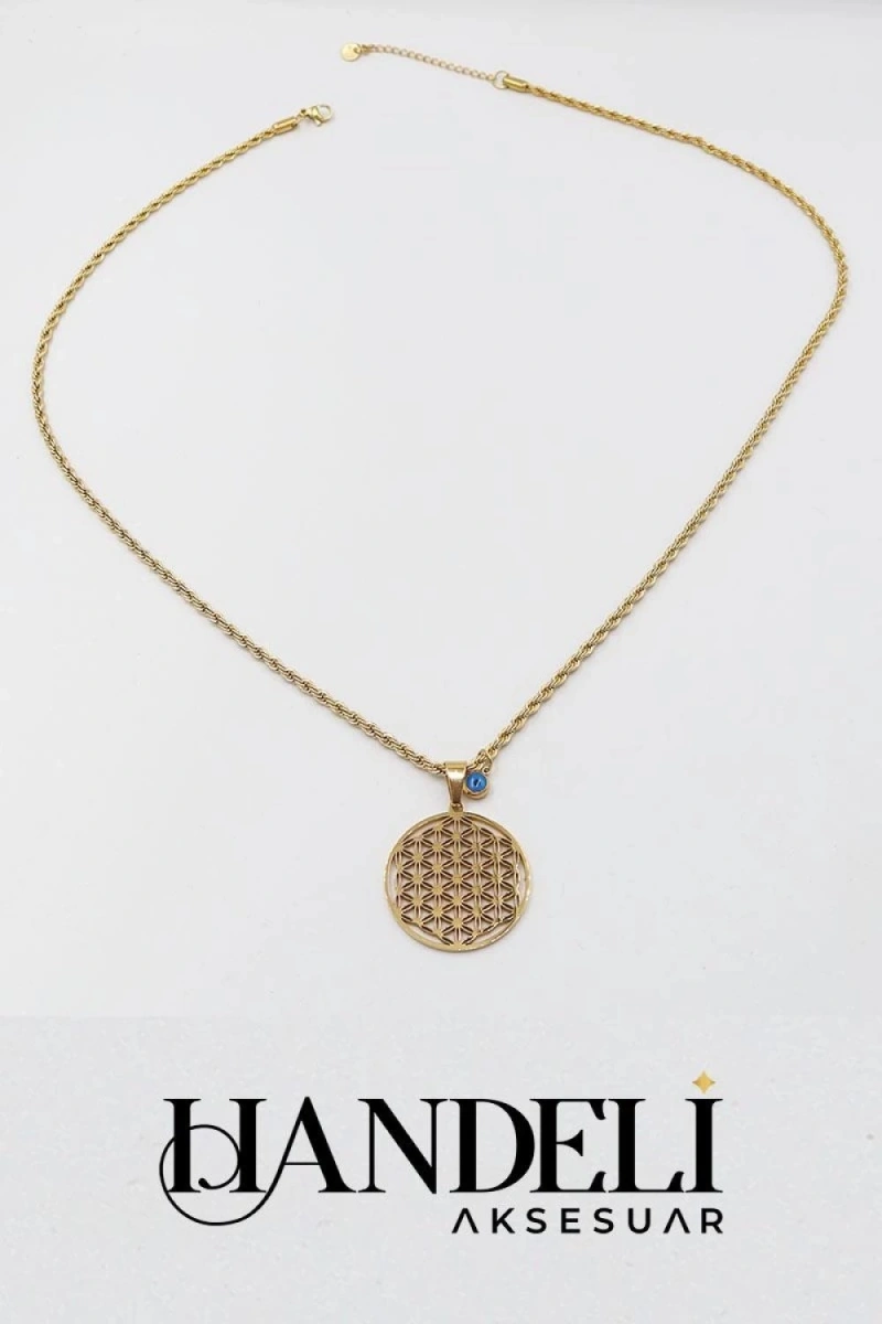 Uzun Burgu Zincir Yaşam Çiçeği Gold Altın Kaplama Çelik Kolye