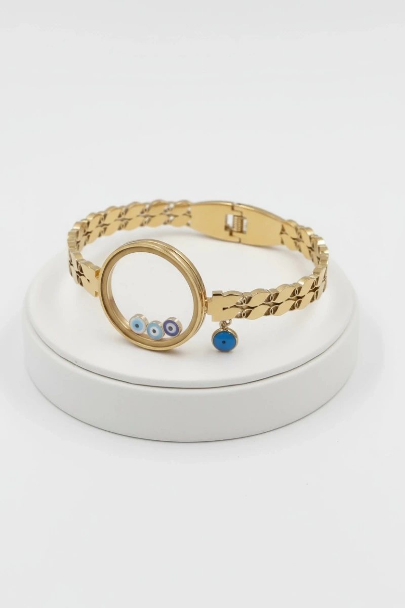 Cam Çerçeve Boş Nazar Boncuk Model Gold Altın Kaplama Kelepçe