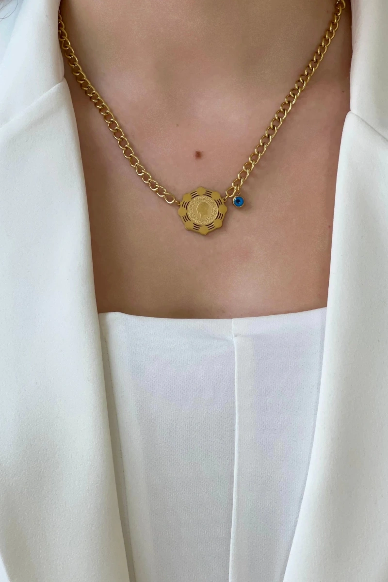 Düz Zincir Sekizgen Çerçeve Çeyrekli Gold Altın Kaplama Kolye