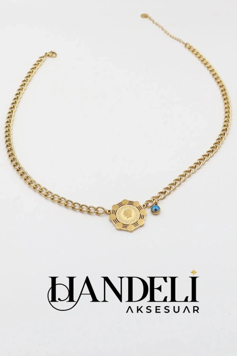 Düz Zincir Sekizgen Çerçeve Çeyrekli Gold Altın Kaplama Kolye