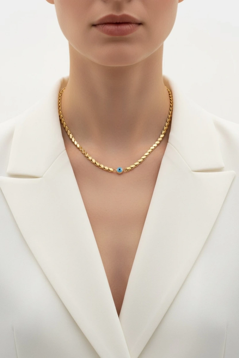 Arpa Zincir Tek Boncuk Gold Altın Kaplama Kolye