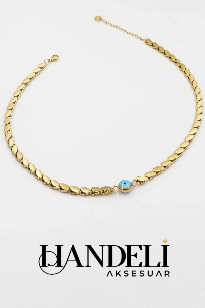 Arpa Zincir Tek Boncuk Gold Altın Kaplama Kolye
