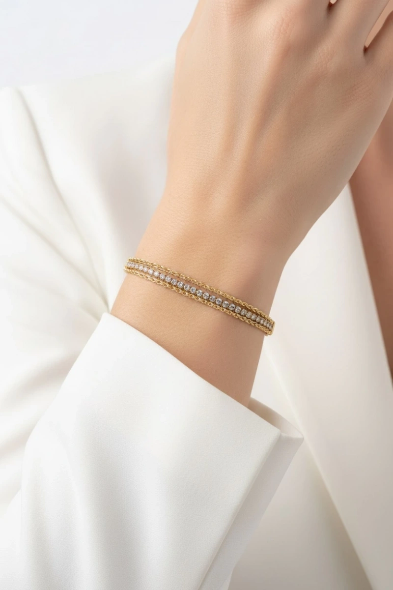 Üç Sıra Burgu Zincir Gold Altın Kaplama Çelik Kelepçe