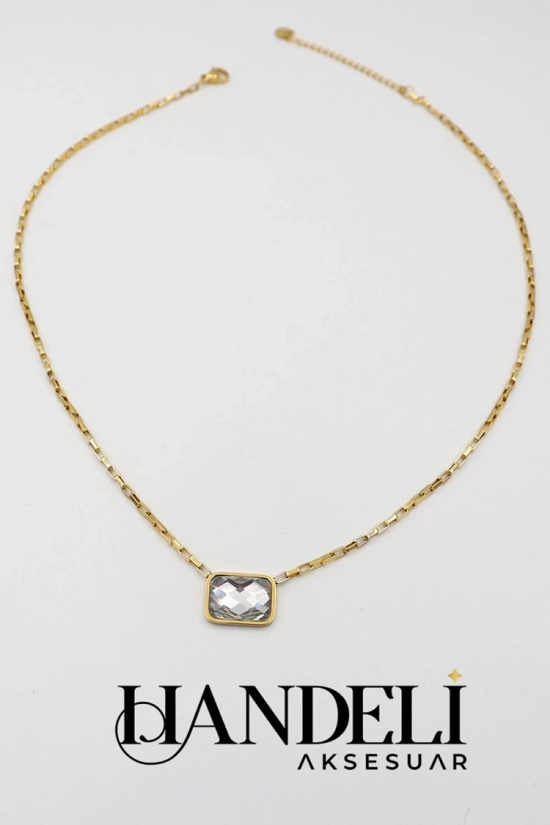 Baget Model Kristal Taş Gold Altın Kaplama Kolye