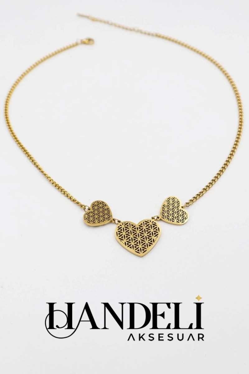 Üç Kalp Düz Zincir Gold Altın Kaplama Bileklik