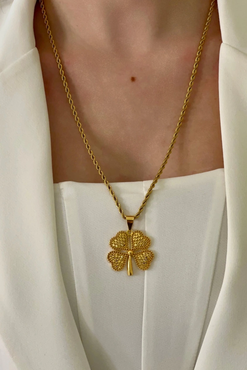 Kuyum Model Yonca Detay Gold Altın Kaplama Kolye