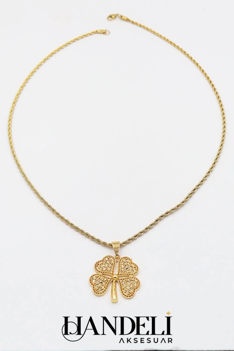 Kuyum Model Yonca Detay Gold Altın Kaplama Kolye