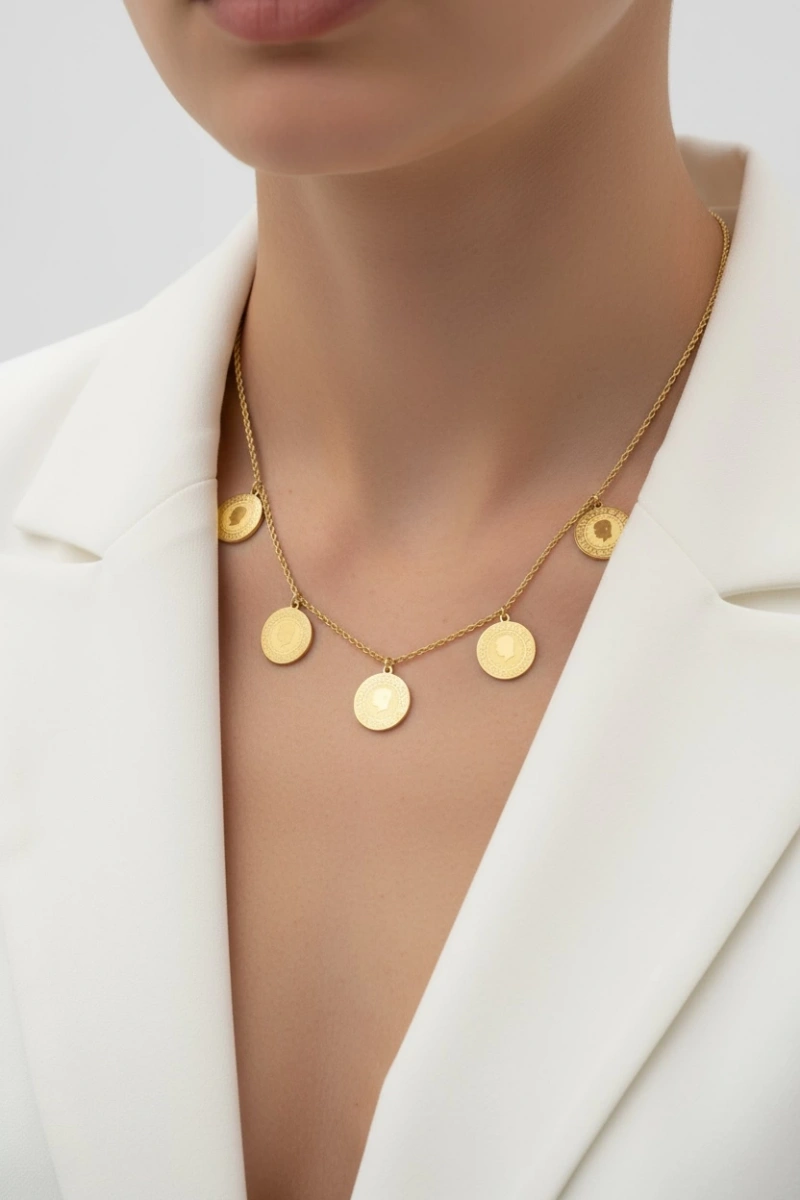 Beşli Çeyrek Altın Beşi Bir Yerde Gold Altın Kaplama Kolye