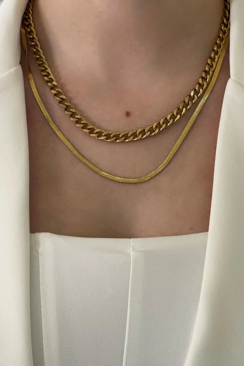 Çift Zincir İtalyan Gold Altın Kaplama Çelik Kolye