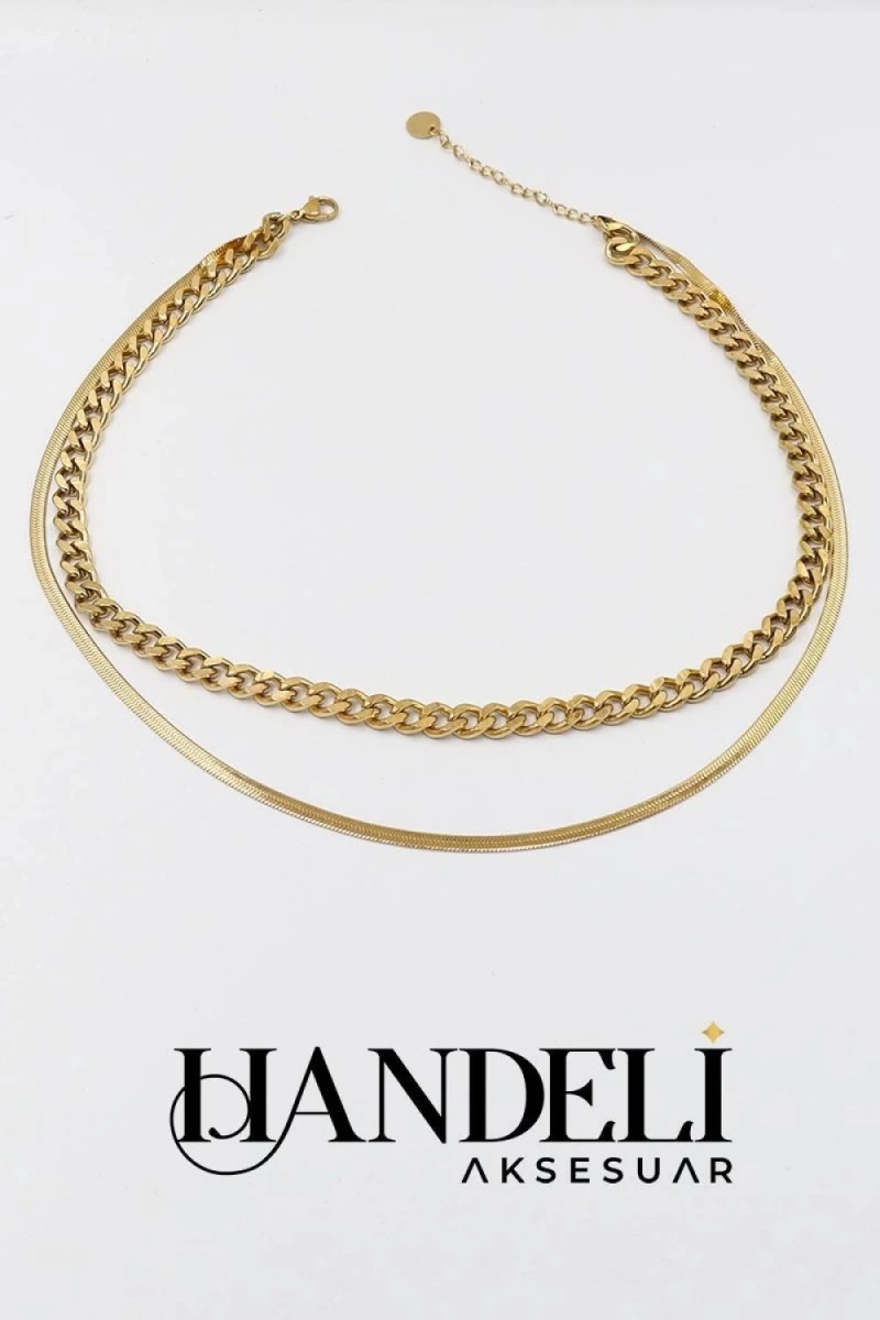 Çift Zincir İtalyan Gold Altın Kaplama Çelik Kolye