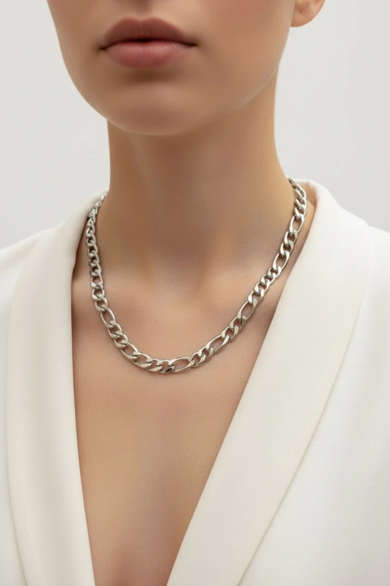 Kalın Ezik Bağlı Beyaz Altın Kaplama Çelik Kolye