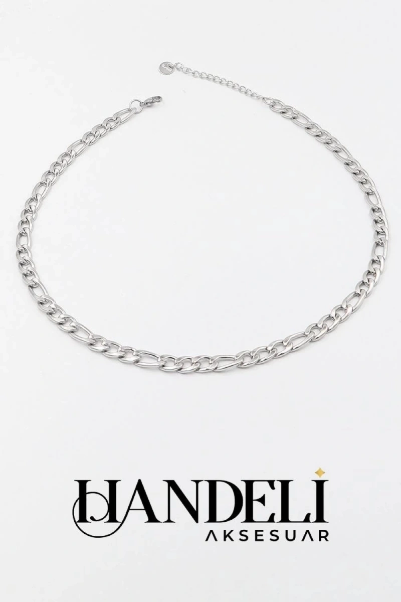 Kalın Ezik Bağlı Beyaz Altın Kaplama Çelik Kolye