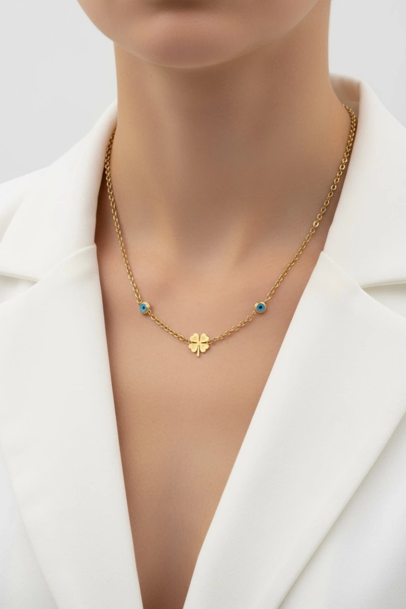 İki Göz Yonca Model Gold Altın Kaplama Çelik Kolye
