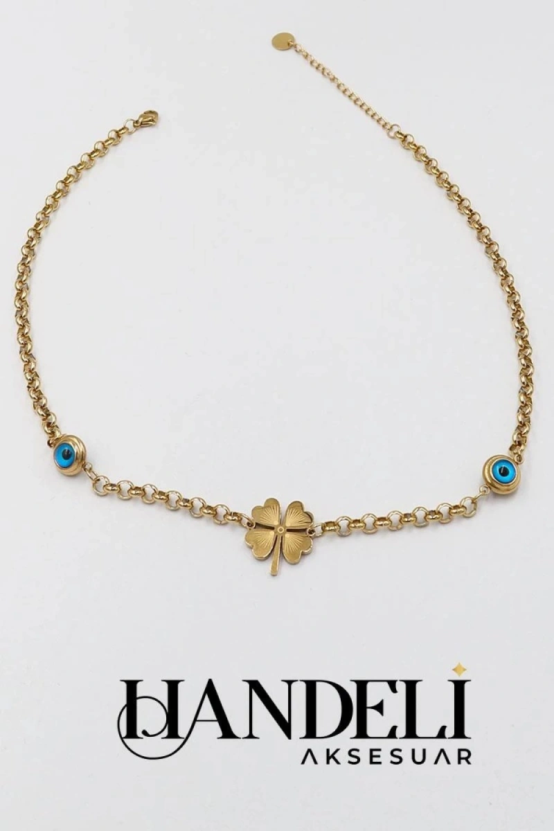 İki Göz Yonca Model Gold Altın Kaplama Çelik Kolye