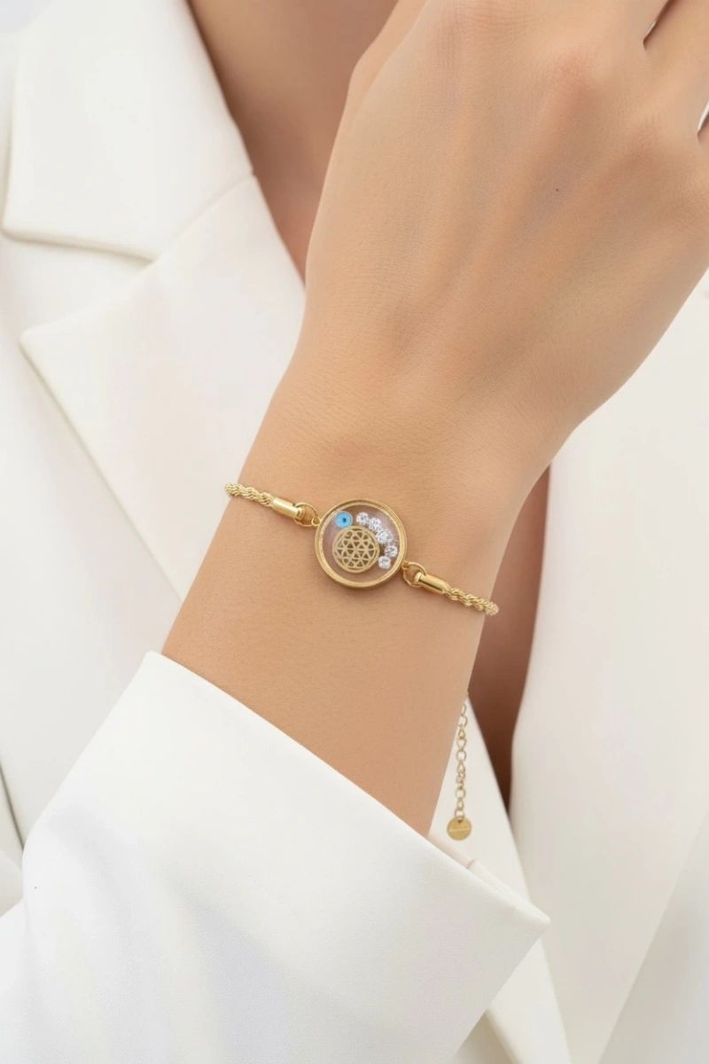 Burgu Cam Çerçeve Yaşam Çiçeği Model Gold Altın Kaplama Çelik Bileklik