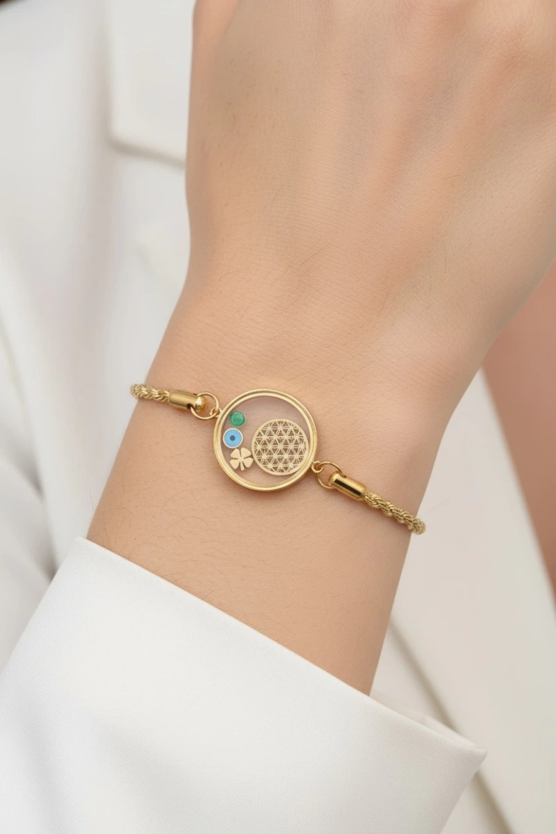 Burgu Zincir Cam Çerçeve Yaşam Çiçeği Model Gold Altın Kaplama Çelik Bileklik