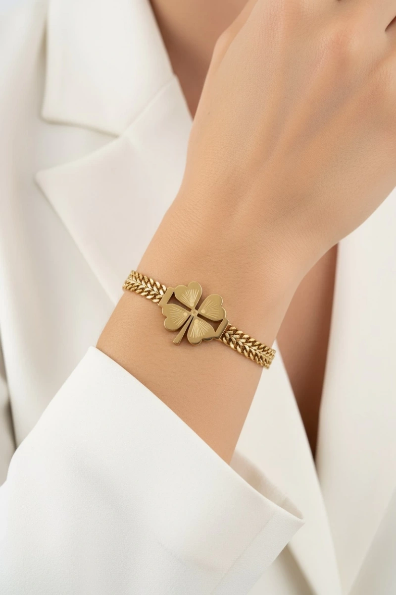 Sırma Zincir Yonca Model Gold Altın Kaplama Bileklik