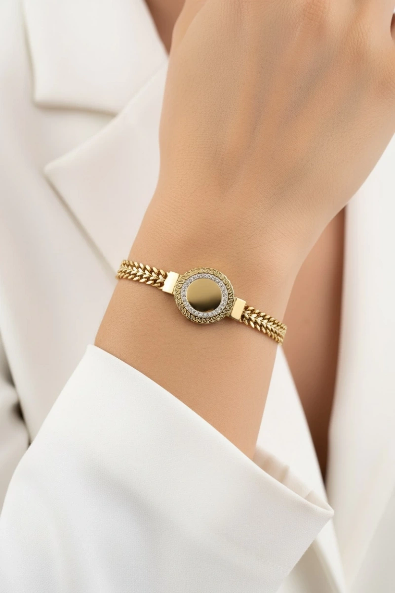 Petra Zincir Boş Plaka Gold Altın Kaplama Bileklik