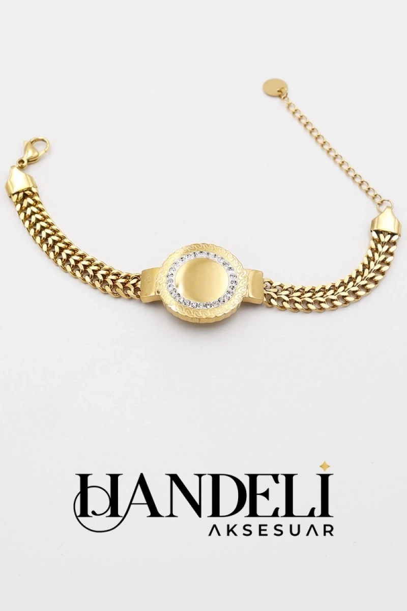 Petra Zincir Boş Plaka Gold Altın Kaplama Bileklik