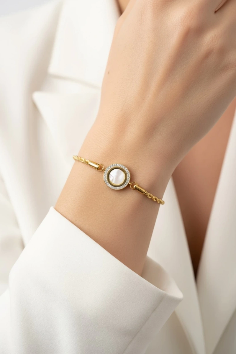 Burgu Zincir Mermer Taş Detay Gold Altın Kaplama Bileklik