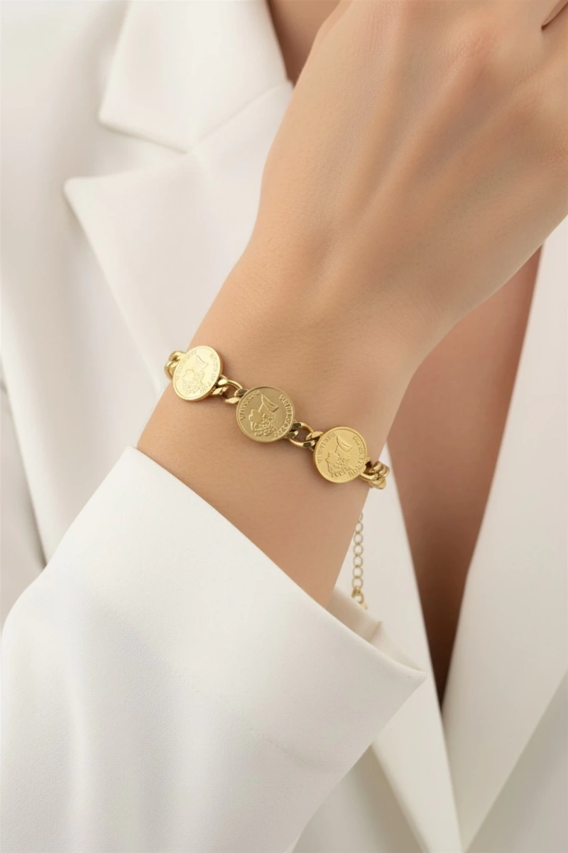 Kalın Zincir Üç Madalyon Gold Altın Kaplama Bileklik