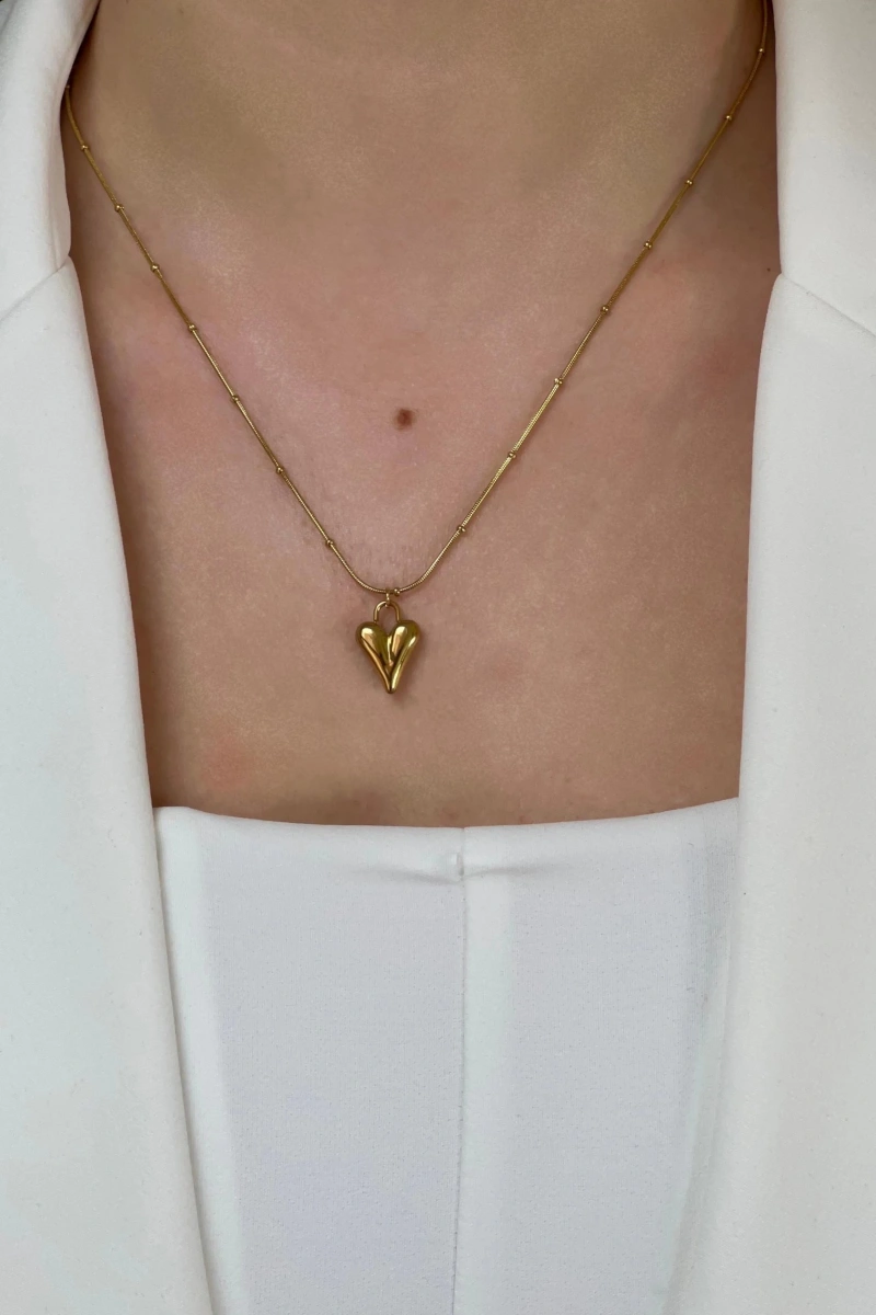 İnce Dorika Sivri Kalp Model Gold Altın Kaplama Çelik Kolye