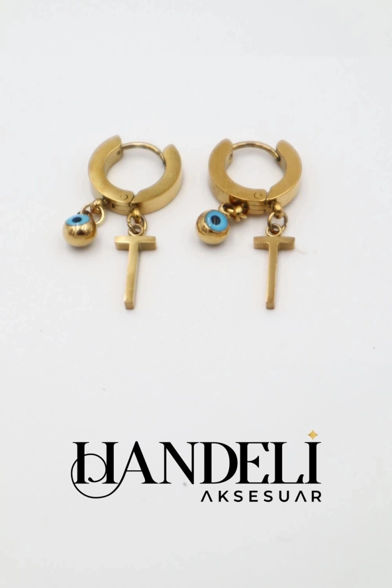 T Harf Nazar Boncuk Detay Gold Altın Kaplama Küpe