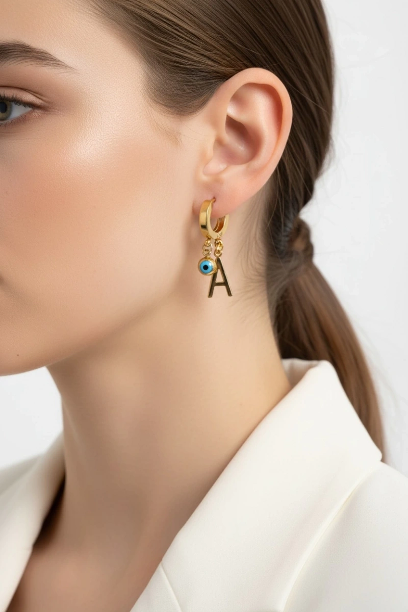 A Harf Nazar Boncuk Detay Gold Altın Kaplama Küpe