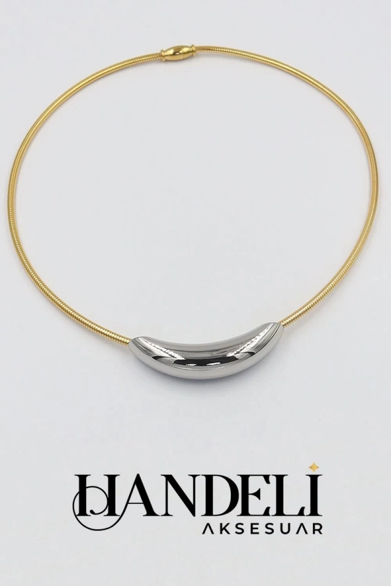 Boru Zincir Beyaz Zeus Detay Gold Kolye