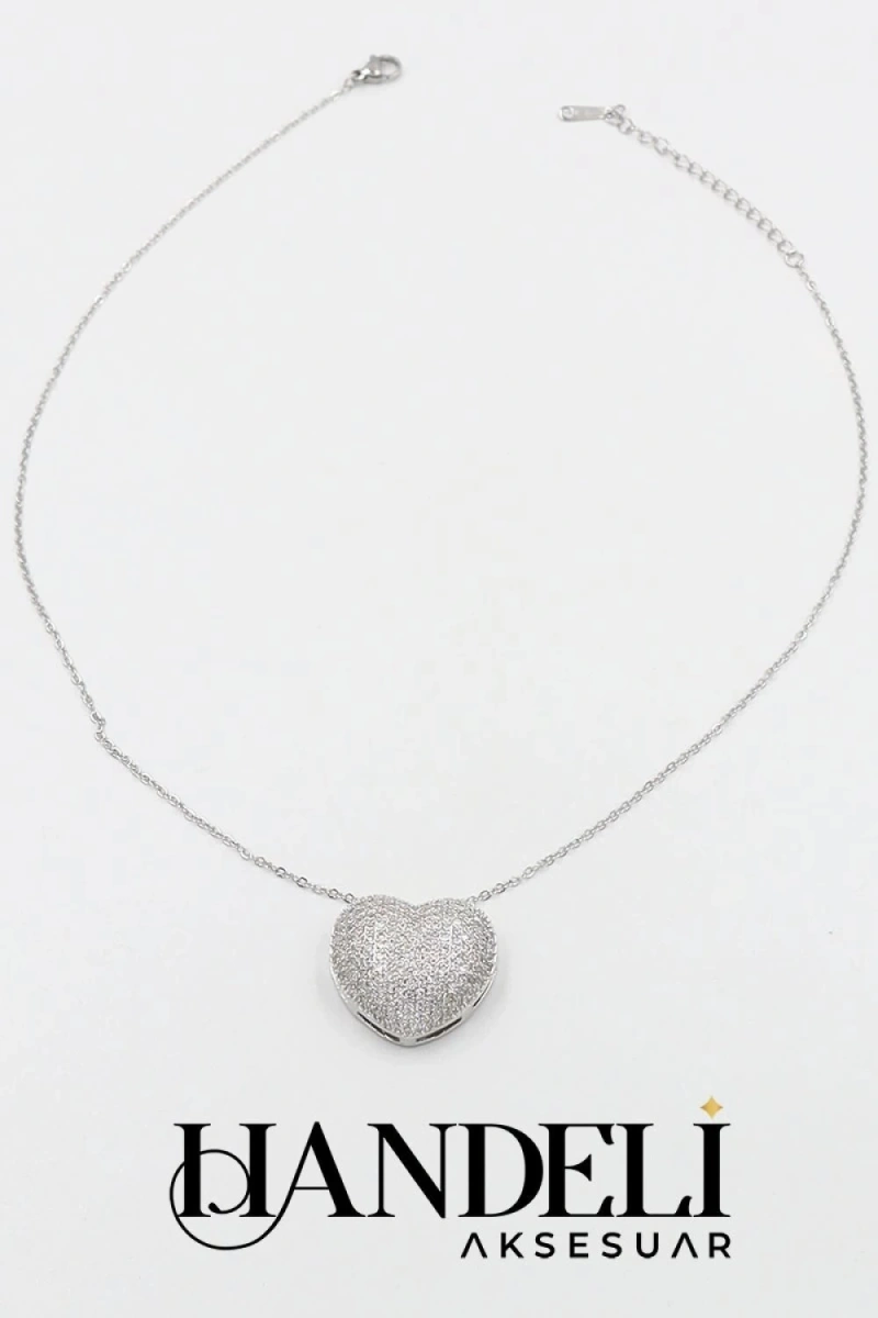 İnce Zincir Büyük Kalp Beyaz Altın Kaplama Çelik Kolye