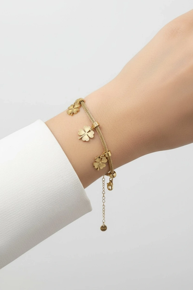 Hasır Zincir Yonca Model Gold Altın Kaplama Çelik Bileklik