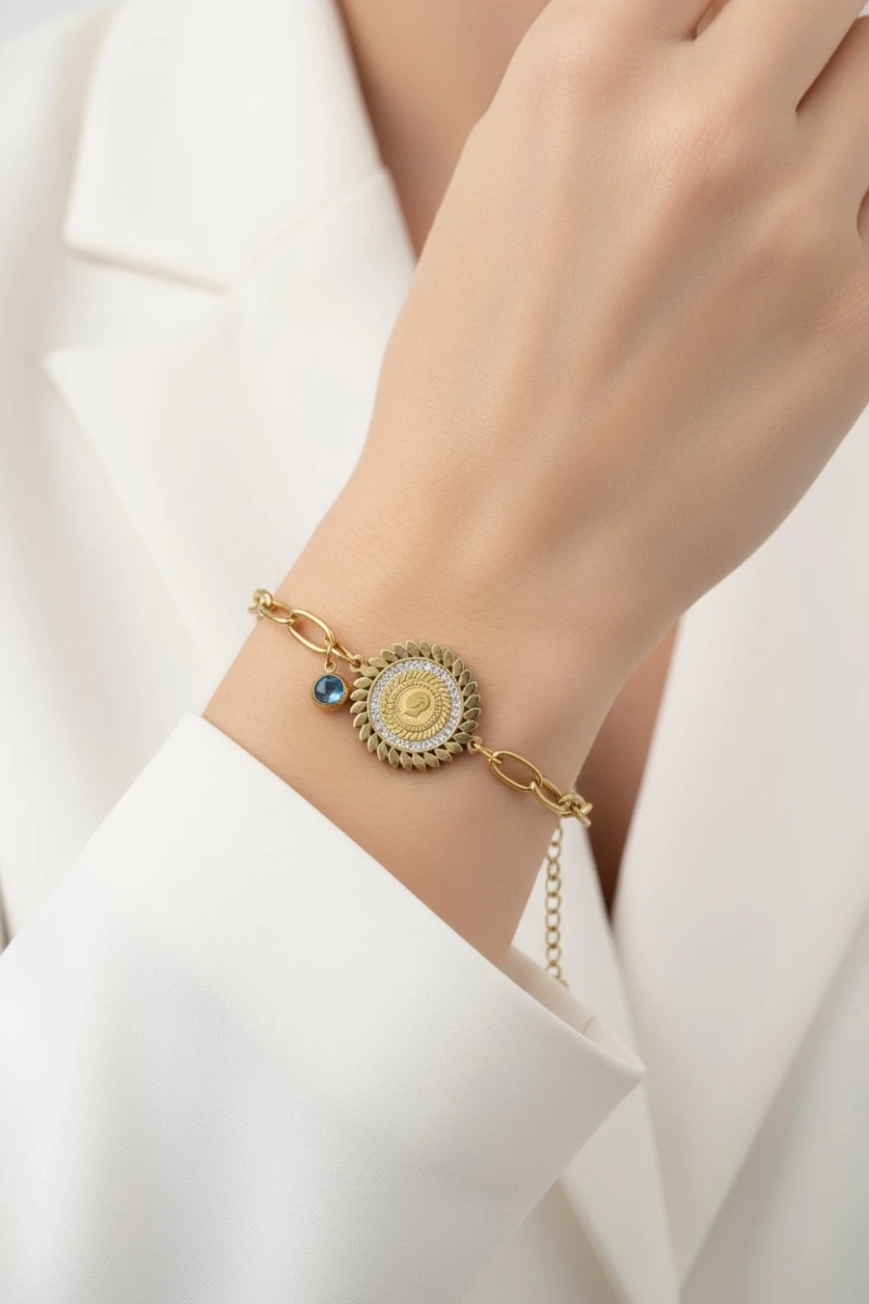 Geçme Zincir Çeyrekli Göz Detay Gold Altın Kaplama Bileklik