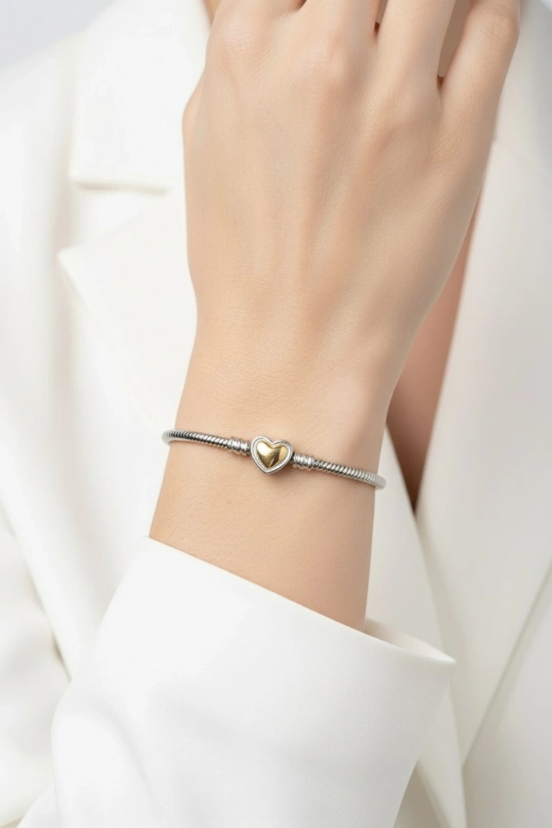 P. Model Kalp Model Beyaz Gold Altın Kaplama Çelik Bileklik