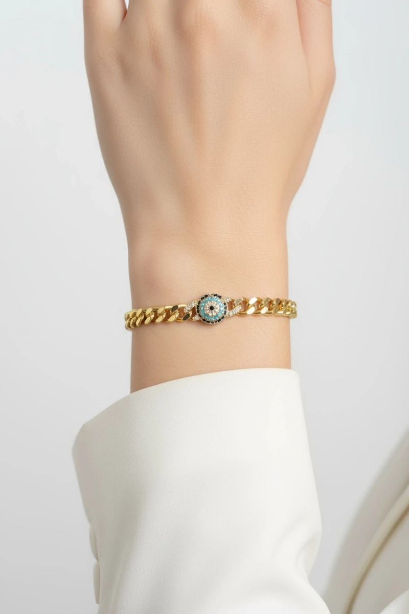 İnce Ezik Bağlı Model Göz Detay Gold Altın Kaplama Bileklik