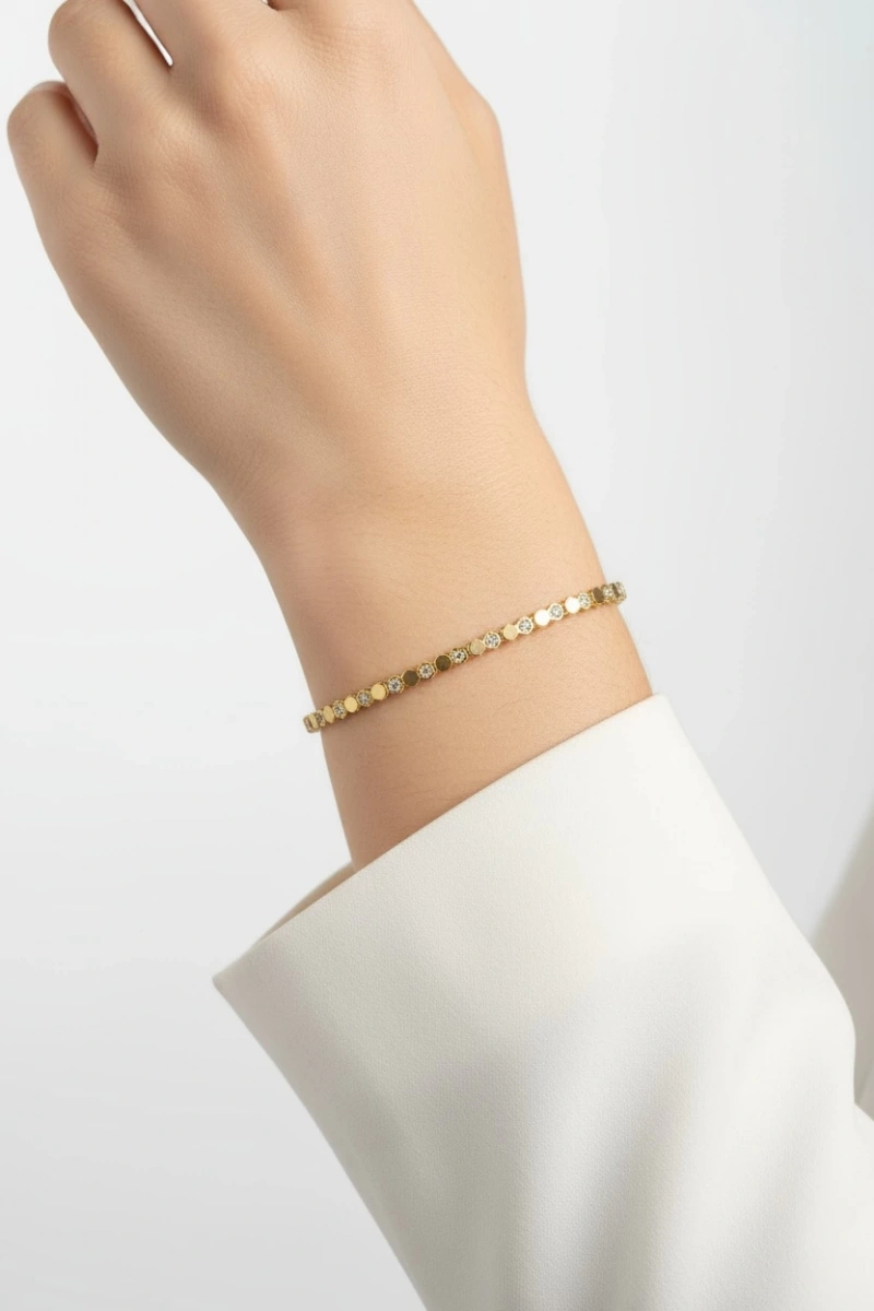 Altıgen Model Taş Detay Gold Altın Kaplama Bileklik