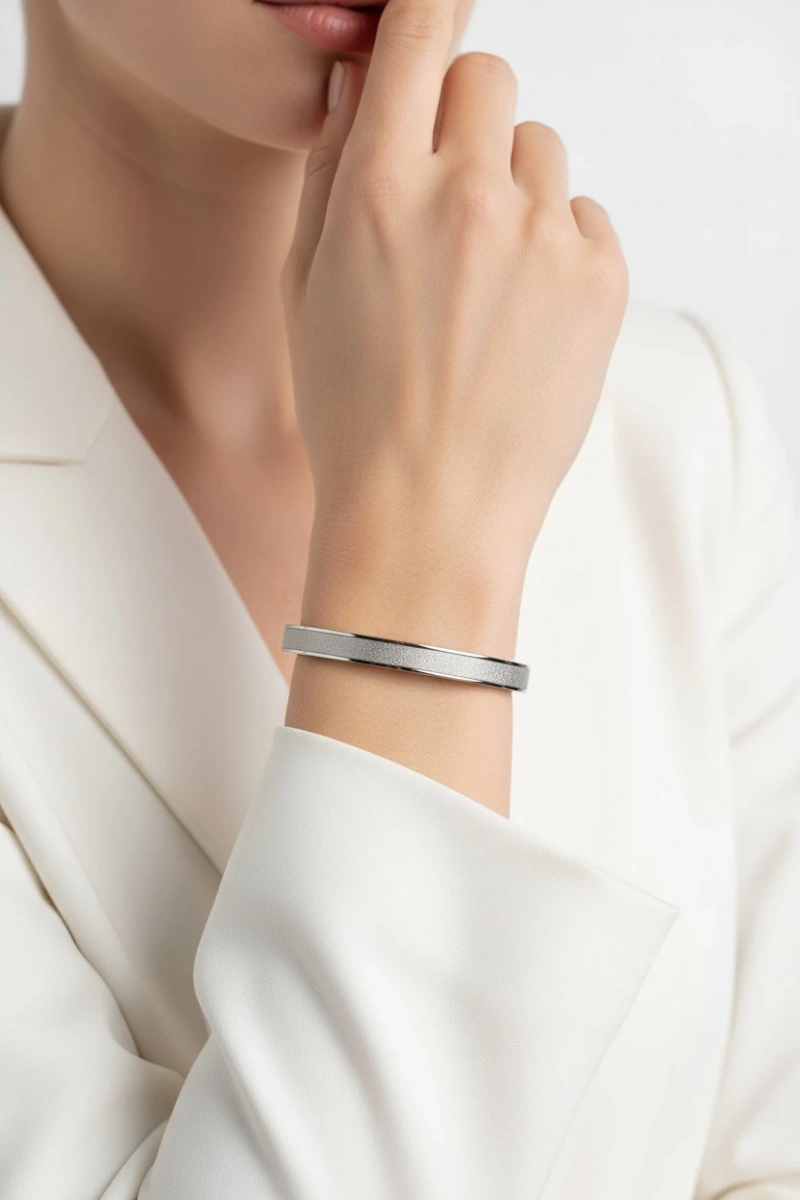 Simli Düz Kalın Beyaz Altın Kaplama Bileklik