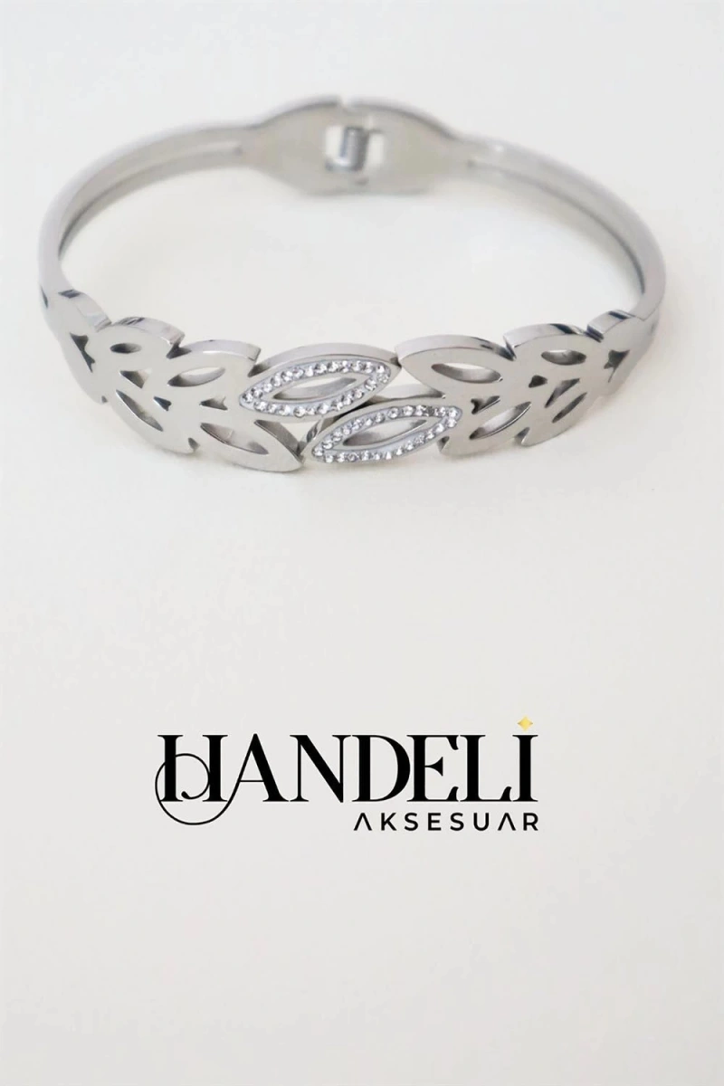 Sarmal Yaprak Taş Detaylı Beyaz Altın Kaplama Bileklik