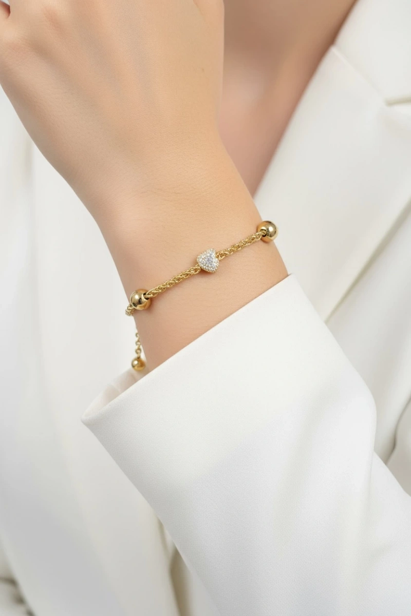 Örgü Zincir Taşlı Silindir Model Gold Altın Kaplama Bileklik