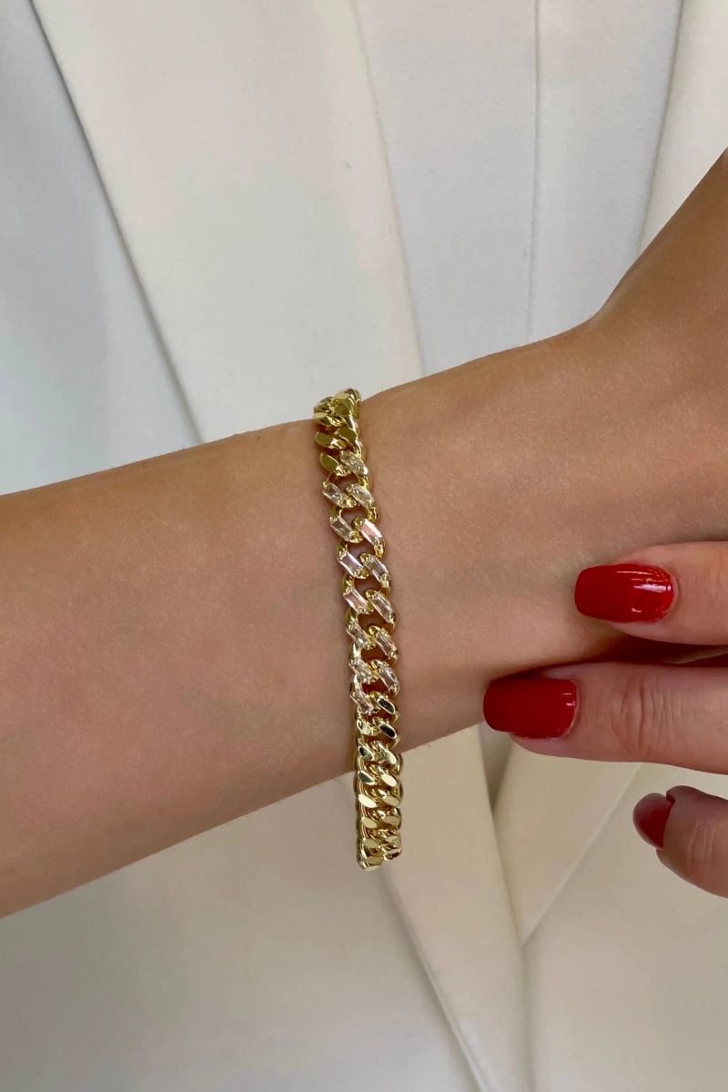 Taş Detay Kalın Ezik Bağlı Model Gold Altın Kaplama Bileklik