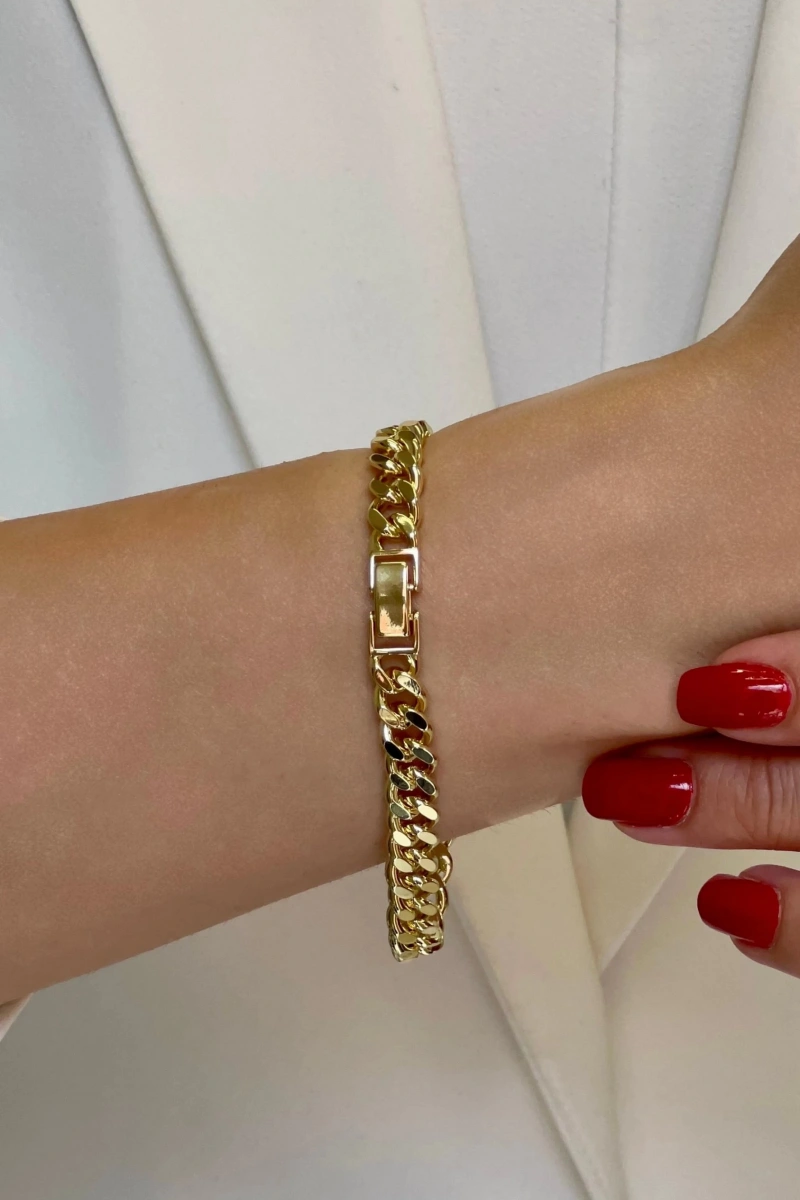 Taş Detay Kalın Ezik Bağlı Model Gold Altın Kaplama Bileklik