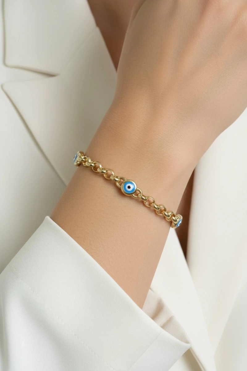 Olimpos Zincir Mavi Göz Detay Gold Altın Kaplama Bileklik